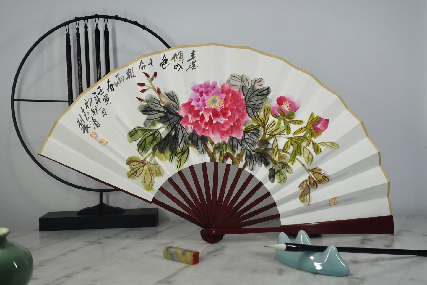 Chinese Painting on Paperfan - Poeny Flowers 4