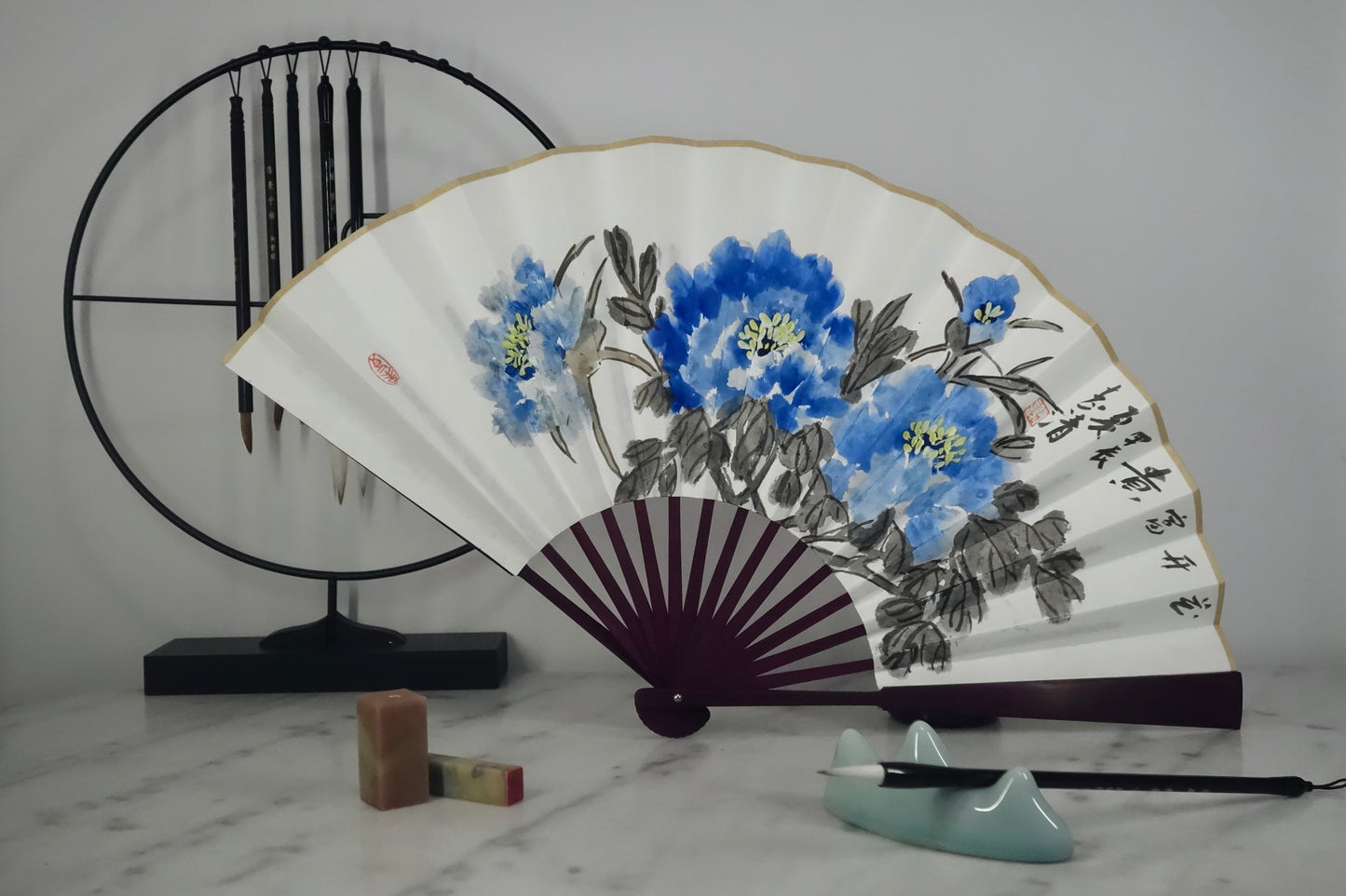 Chinese Painting on Paperfan - Blue Poeny