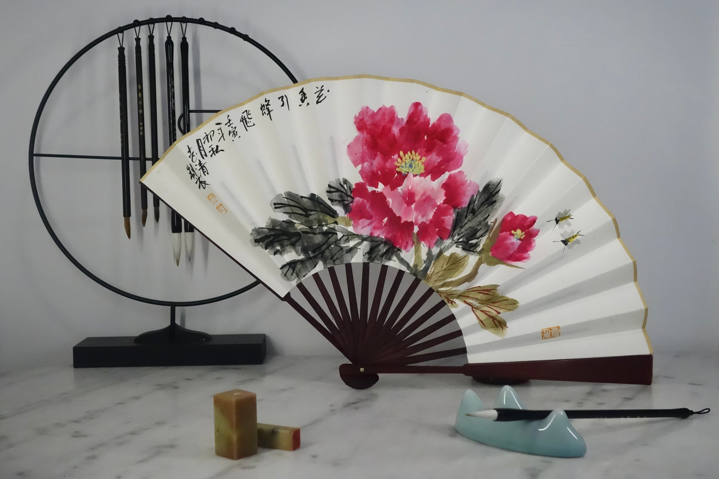 Chinese Painting on Paperfan - Poeny Flowers 5
