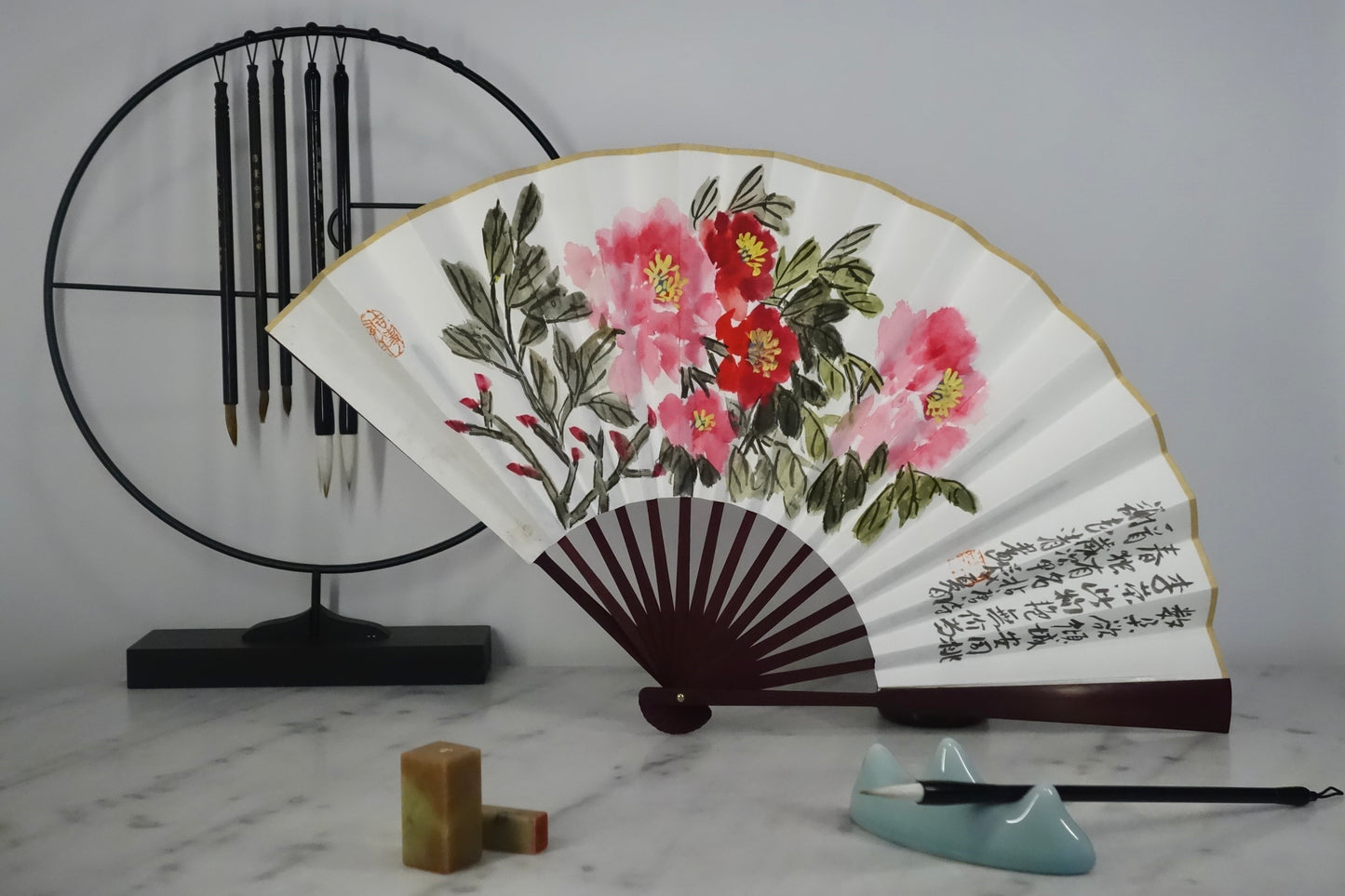 Chinese Painting on Paperfan - Poeny Flower