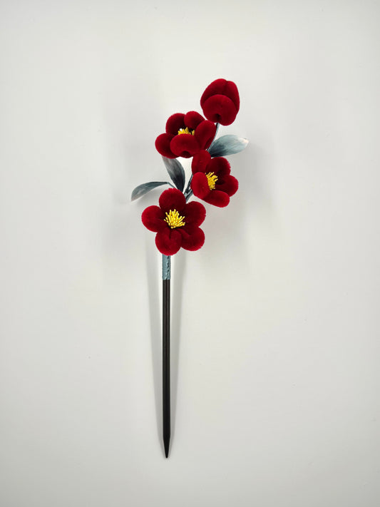 Silk Velvet Flower Hairpin - Red Peach Blossom