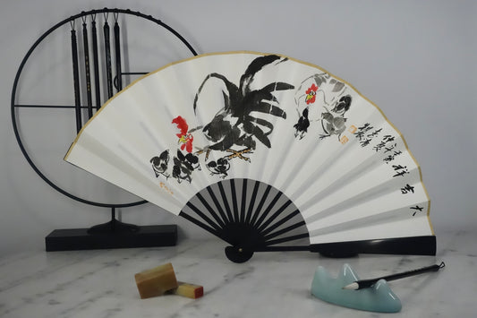 Chinese Painting on Paperfan - Rooster and chicks