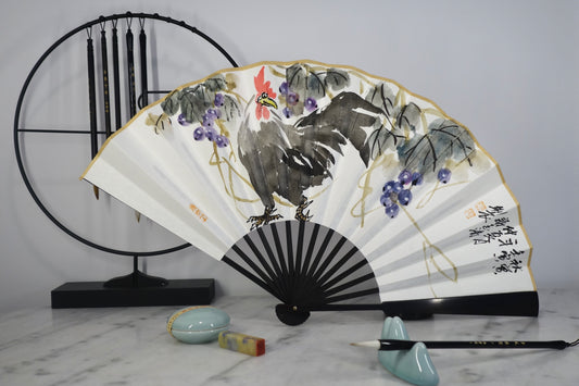 Chinese Painting on Paperfan - Rooster and Grapes