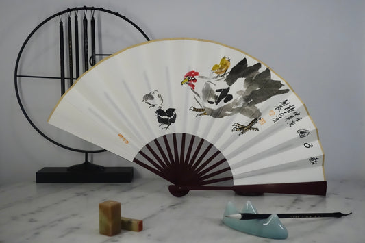 Chinese Painting on Paperfan - Rooster and chicks